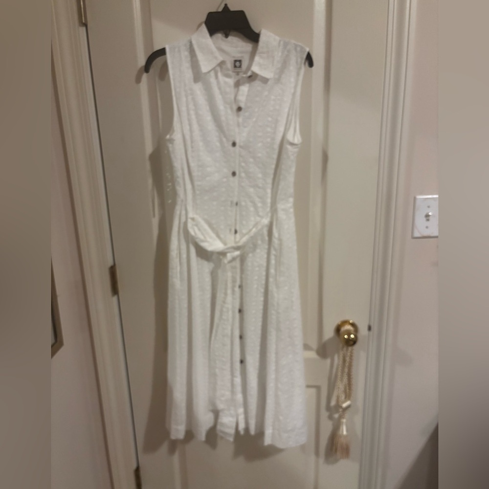 Anne Klein sz 8 white eyelet midi sleeveless sundress collared button front sash - Picture 8 of 12